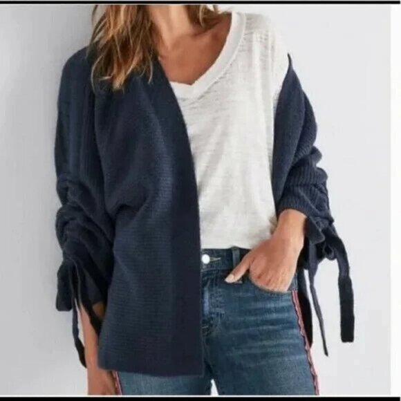 Lucky Brand | Cinched Sleeve Open Front Wool Cardigan Sweater Navy | Size  M - Picture 2 of 6